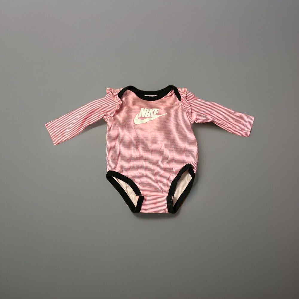 Nike Baby Girls Size 3M Long Sleeve Pink White Striped Logo Bodysuit - Picture 1 of 9